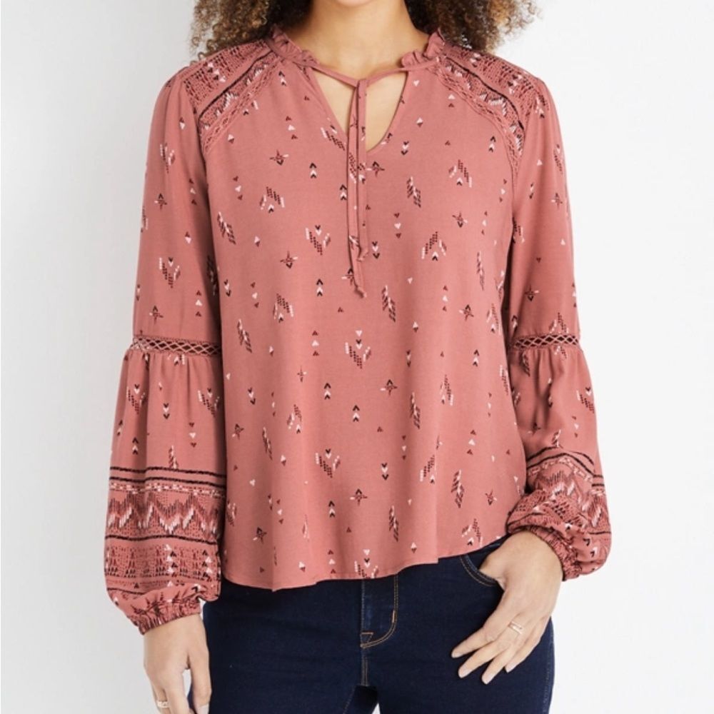 Maurices Mauve Aztec Patterned Balloon Sleeve Blo… - image 1